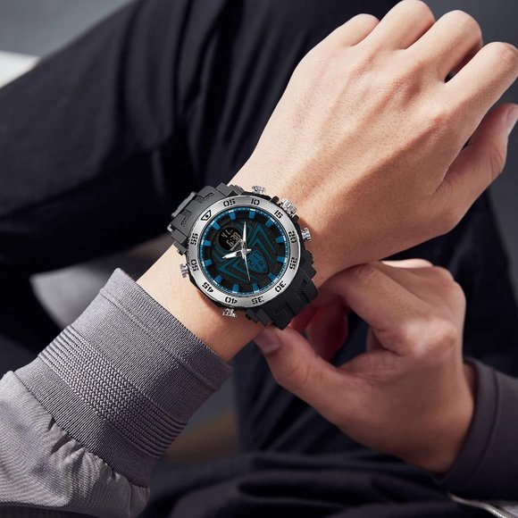 KXAITO Men's Black and Blue LED Stopwatch Digital Electronic Large Dual Watch - Picture 5 of 6